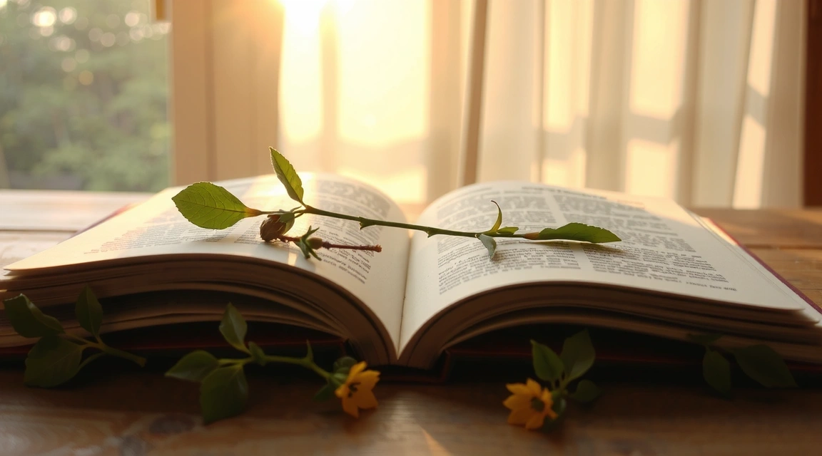 Libro abierto con luz natural y elementos de la naturaleza, simbolizando conocimiento y crecimiento.