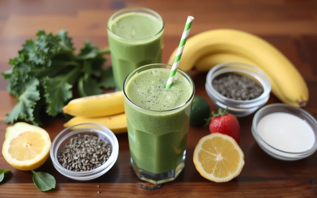 A vibrant smoothie made with various superfoods like spirulina, kale, and chia seeds.