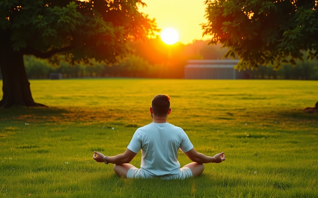 A person meditating peacefully in a lush green garden, representing mental wellness and calm.