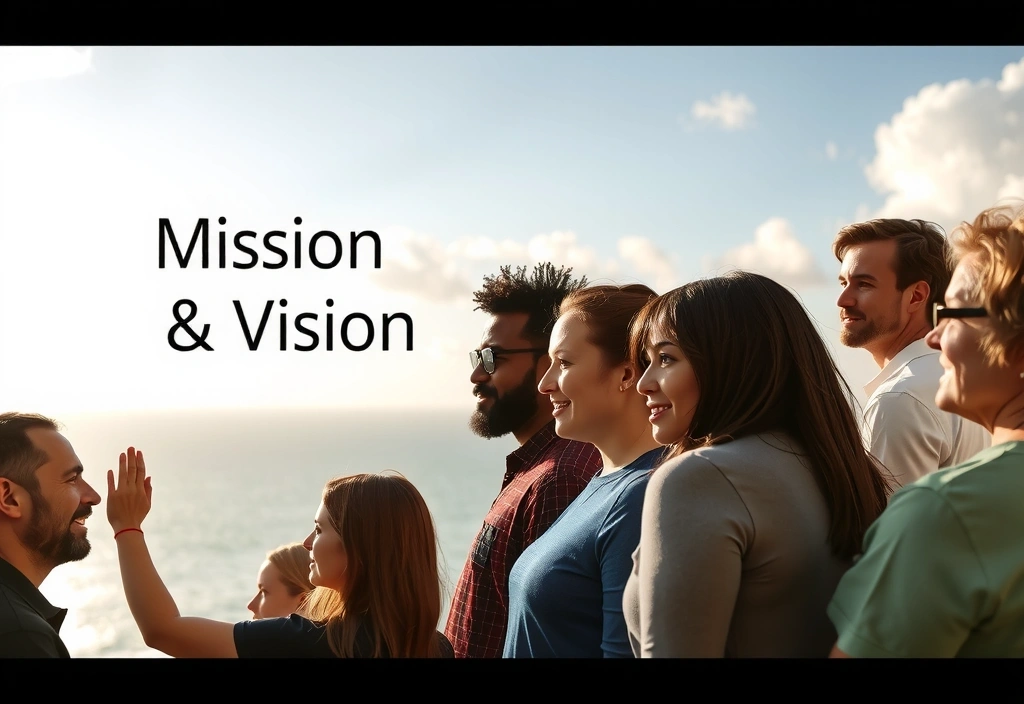 Concepto de misión y visión con personas mirando hacia un horizonte brillante