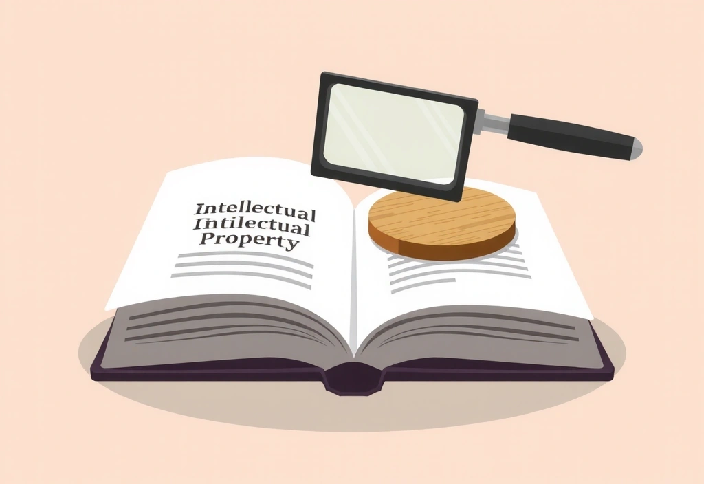 Libro de leyes y lupa, que simbolizan la propiedad intelectual y la revisión legal.