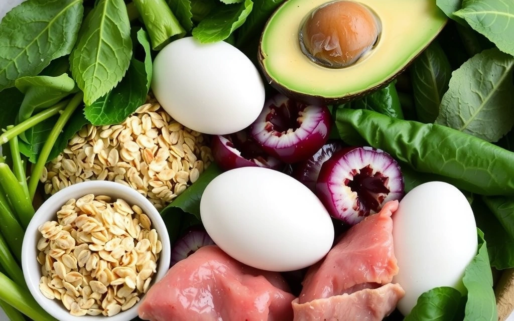 Una colorida variedad de alimentos ricos en vitaminas del complejo B, incluyendo granos enteros, huevos, carne magra, aguacate y verduras de hoja verde.